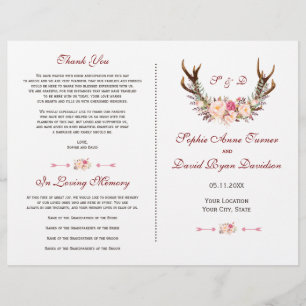 Chic Pink Blush Floral Antlers Wedding Programm