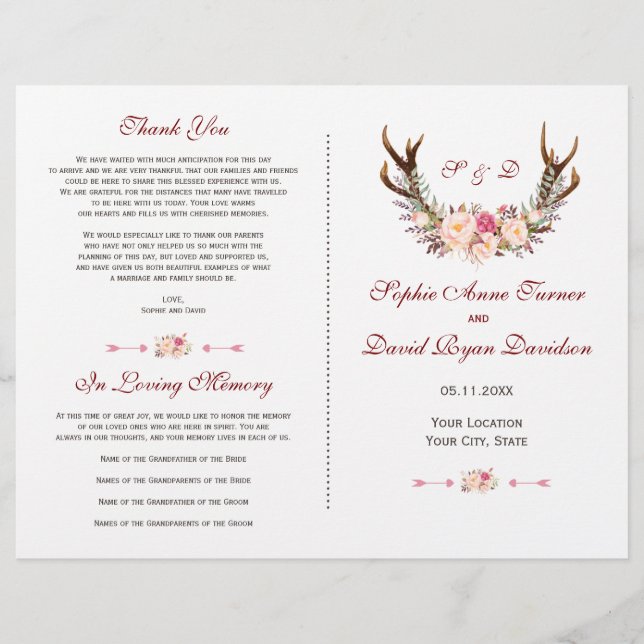 Chic Pink Blush Floral Antlers Wedding Programm (Vorderseite)