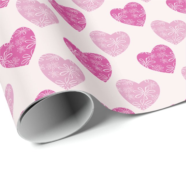 Chic Pink Blush Floral Doodle Gemustert Hearts Geschenkpapier (Rolleneckpunkt)