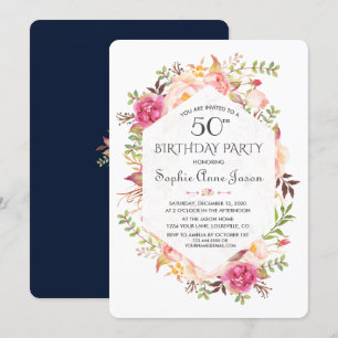Chic Pink Blush Floral Navy Blue Geburtstagsparty Einladung