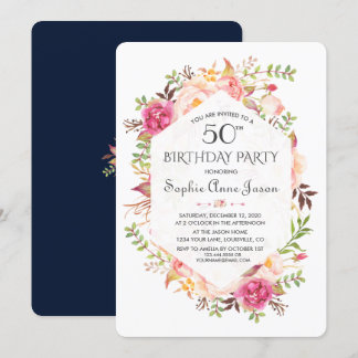 Chic Pink Blush Floral Navy Blue Geburtstagsparty Einladung