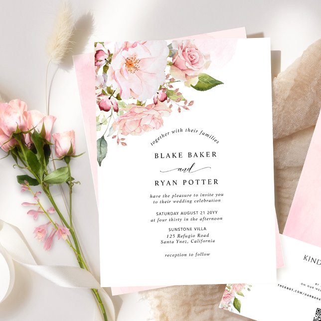 Chic Pink, Blush und Rose Hochzeit mit goldenen Bl Einladung (Von Creator hochgeladen)