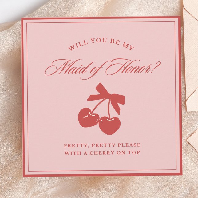 Chic Pink Bow & Cherry Trauzeugin Vorschlag Card Einladung (Say it with cherries! This playful maid of honor card is a sweet, fun way to pop the question.)