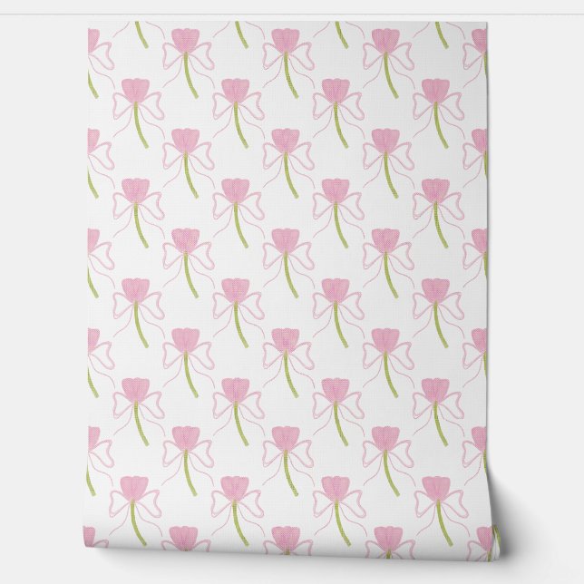 Chic Pink Bow & Flower Watercolor Pattern Wallpa Tapete (Abrollen)