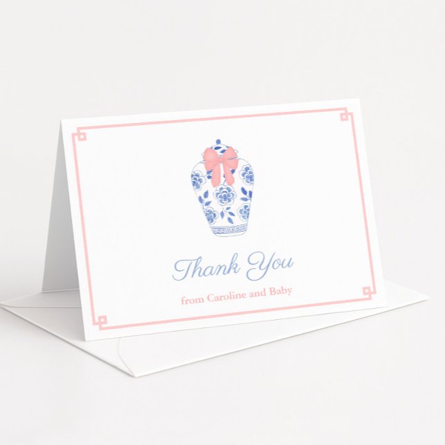 Chic Pink Bow Ginger Jar Baby Dusche Personalisier Dankeskarte (Ginger jar with pink bow and pink greek key border baby girl shower folded thank you cards)