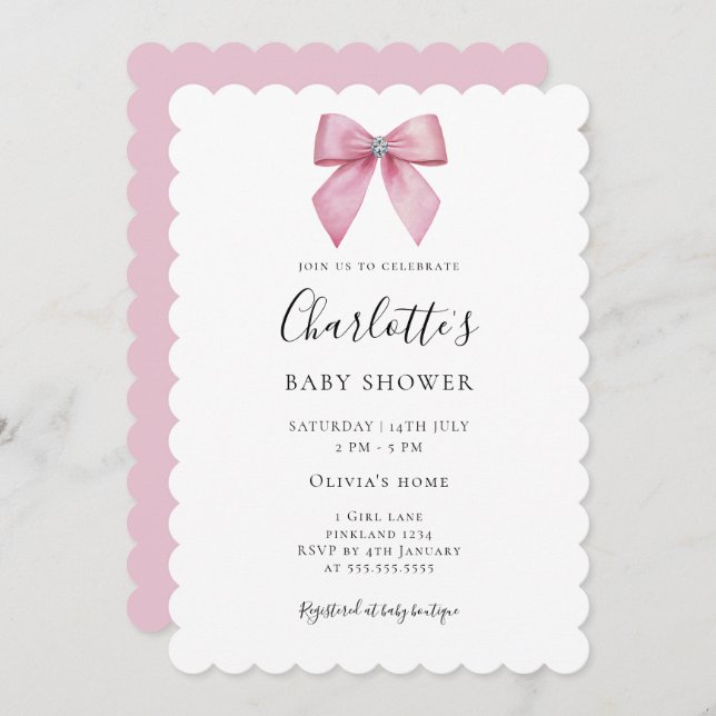 Chic Pink Bow Girl Baby Shower Invitation Einladung (Vorne/Hinten)