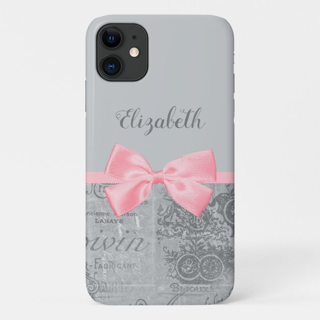 Chic Pink Bow Girly Parisian Ephemere und Name Case-Mate iPhone Hülle (Rückseite)
