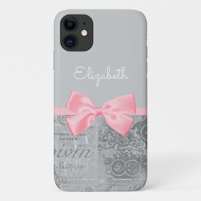 Chic Pink Bow Girly Parisian Ephemere und Name Case-Mate iPhone Hülle (Rückseite)
