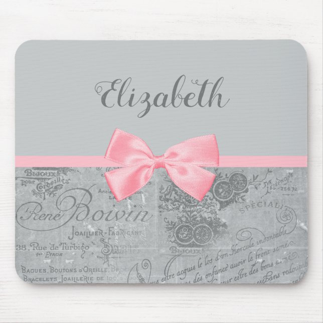 Chic Pink Bow Girly Parisian Ephemere und Name Mousepad (Vorne)