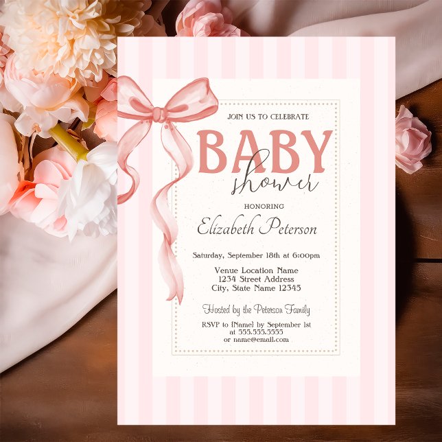 Chic Pink Bow Striping Baby Dusche Einladung (Von Creator hochgeladen)