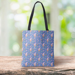 Chic Pink Bunny Floral Pattern Blue Monogram
