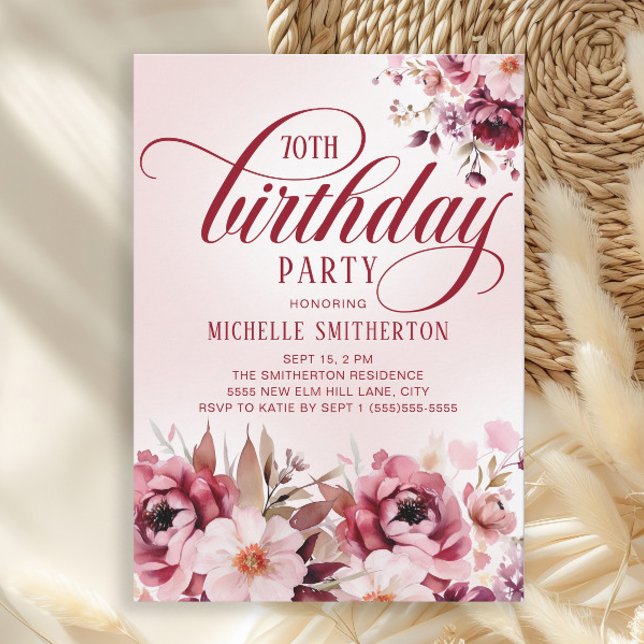 Chic Pink Burgundy Floral Glam 70th Birthday Einladung (Burgundy and pink watercolor floral 70th birthday party invitation)