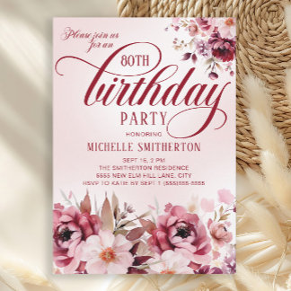 Chic Pink Burgundy Floral Glam 80. Geburtstag Einladung