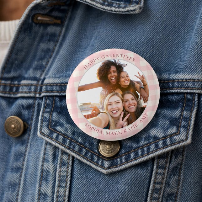 Chic Pink Check Typography Photo Galentine's Day Button (Von Creator hochgeladen)
