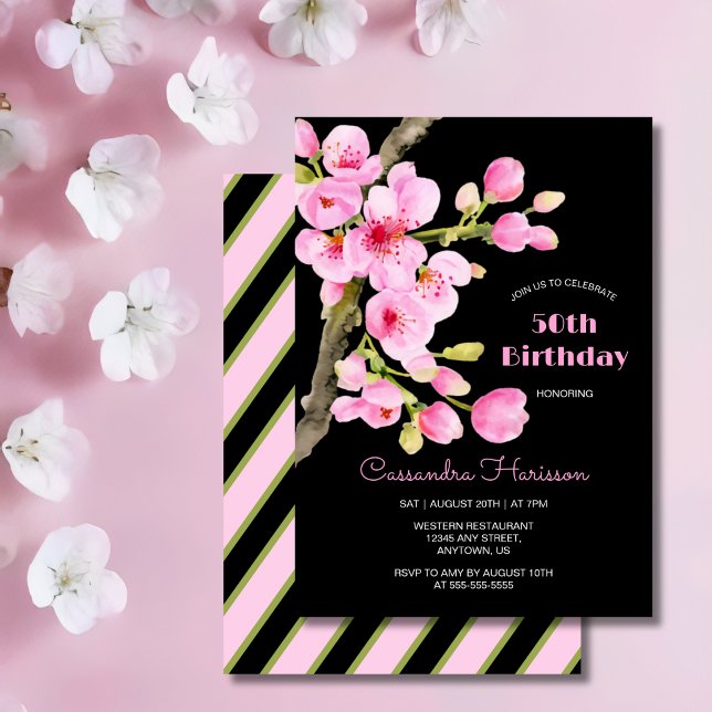 Chic Pink Cherry Blossom Sakura Black Birthday Einladung (Von Creator hochgeladen)