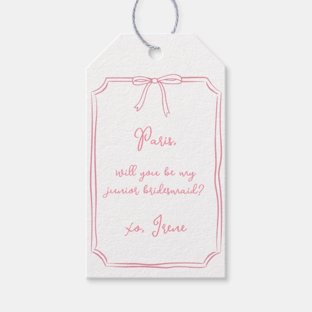 Chic Pink Coquette Bow Junior Bridesmaid Vorschlag Geschenkanhänger (Vorderseite)