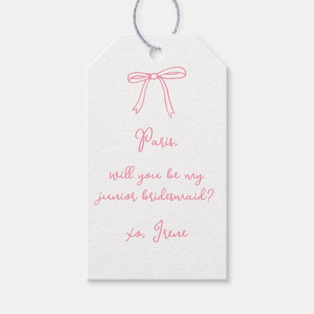 Chic Pink Coquette Bow Junior Bridesmaid Vorschlag Geschenkanhänger (Vorderseite)