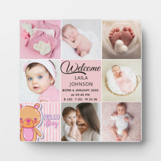 Chic Pink Custom name and baby girl photo collage Fotoplatte
