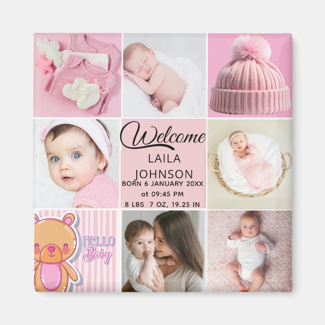 Chic Pink Custom name and baby girl photo collage Magnet (Vorne)