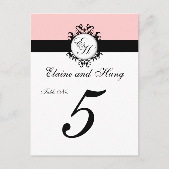 Chic Pink Damask Table Cards Einladungspostkarte (Vorderseite)