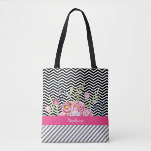 Chic Pink Floral Black and White Chevrons und Name