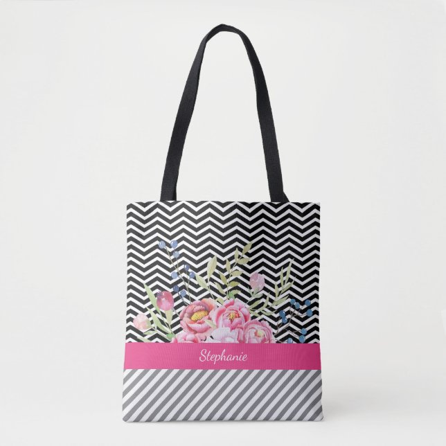 Chic Pink Floral Black and White Chevrons und Name (Vorderseite)