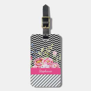 Chic Pink Floral Black and White Chevrons und Name Gepäckanhänger