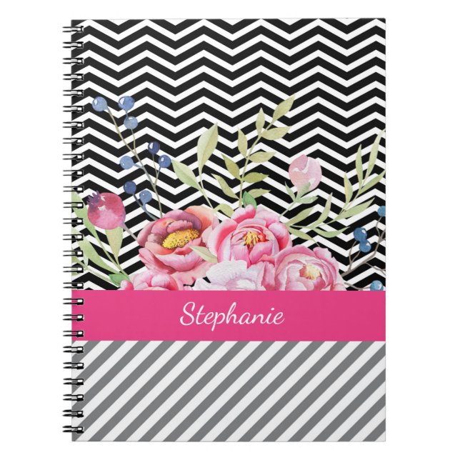 Chic Pink Floral Black and White Chevrons und Name Notizblock (Vorderseite)