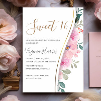 Chic Pink Floral Foliage 16 . Geburtstag 16 Geburt Einladung