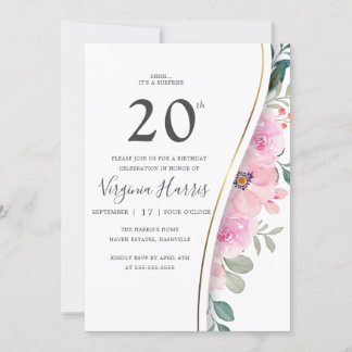 Chic Pink Floral Foliage 20. Geburtstag Einladung