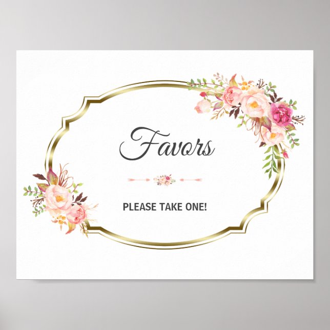 Chic Pink Floral Gold Gastgeschenk Hochzeit Sign Poster (Vorne)