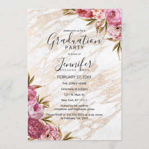 Chic Pink Floral Gold Marmor Graduation Party Einladung