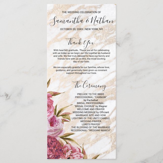 Chic Pink Floral Gold Marmor Hochzeitsprogramme Programm (Vorderseite)