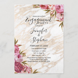 Chic Pink Floral Gold Marmor Verlobung Einladung