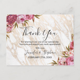 Chic Pink Floral Gold Marmor Vielen Dank Postkarte