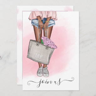 Chic Pink Floral Junggeselinnen-Abschied Monogram Einladung