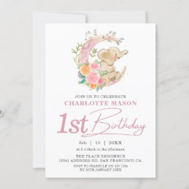 Chic Pink Floral Moon Girl Elefant 1. Geburtstag Einladung