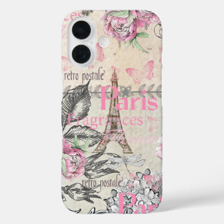 Chic pink floral Paris Eiffel Tower Typografie iPhone 16 Hülle