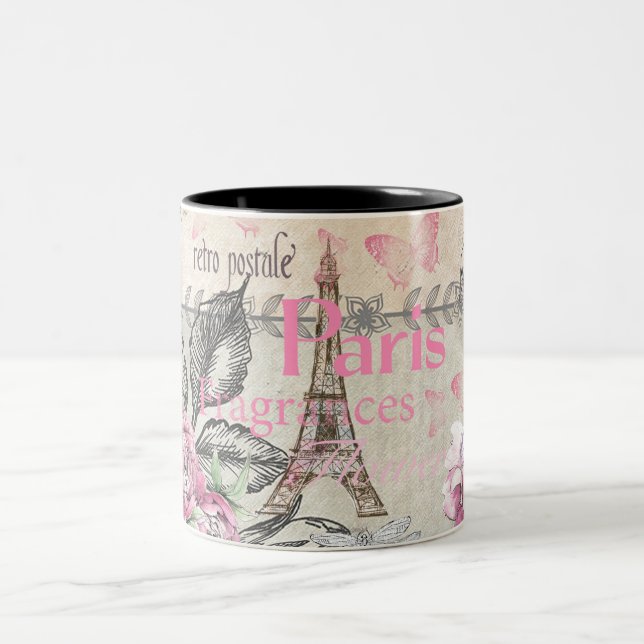Chic pink floral Paris Eiffel Tower Typografie Zweifarbige Tasse (Mittel)