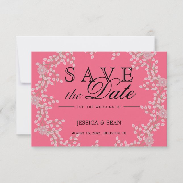 Chic Pink Floral & Pearls Hochzeit speichern das D Save The Date (Vorderseite)