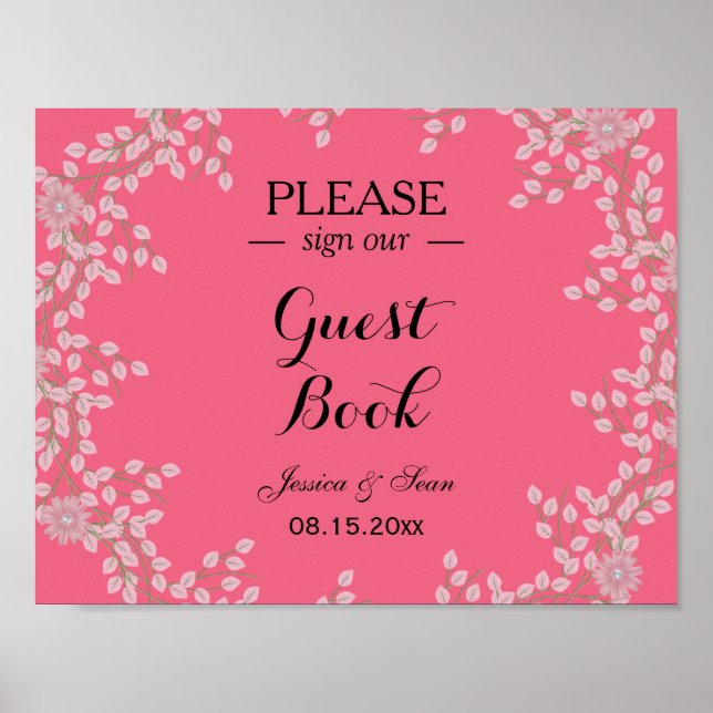 Chic Pink Floral & Pearls Wedding Poster (Vorne)