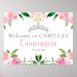 Chic Pink Floral Quinceañera Party Willkommen Poster