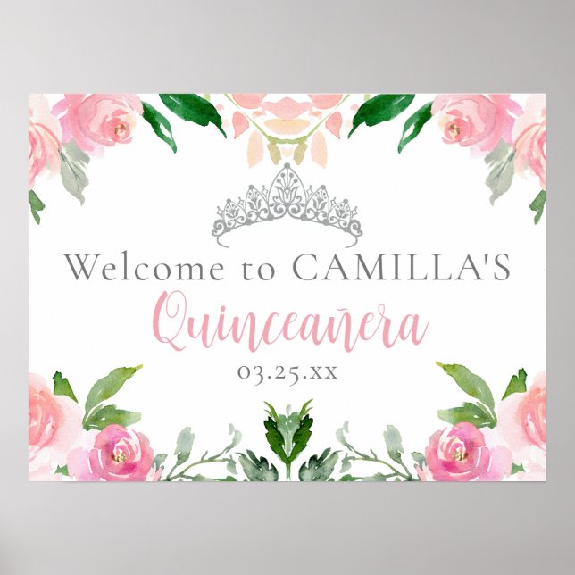 Chic Pink Floral Quinceañera Party Willkommen Poster (Vorne)