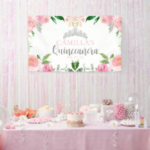Chic Pink Floral Quinceañera Silver Tiara Party