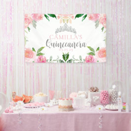 Chic Pink Floral Quinceañera Silver Tiara Party Banner