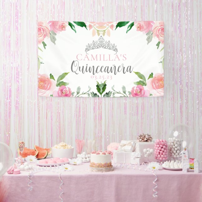 Chic Pink Floral Quinceañera Silver Tiara Party Banner (Party)