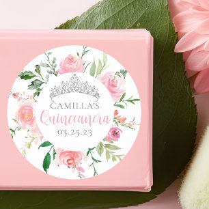Chic Pink Floral Quinceañera Silver Tiara Party Runder Aufkleber