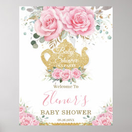 Chic Pink Floral Rose Kinderdusche Hoher Tee Party Poster