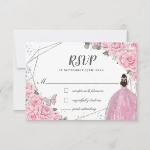 Chic Pink Floral Rose Silver Quinceañera Princess RSVP Karte