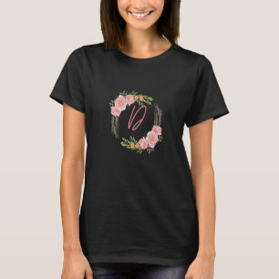 Chic Pink Floral Rose Wreath Initial Monogram Lett T-Shirt